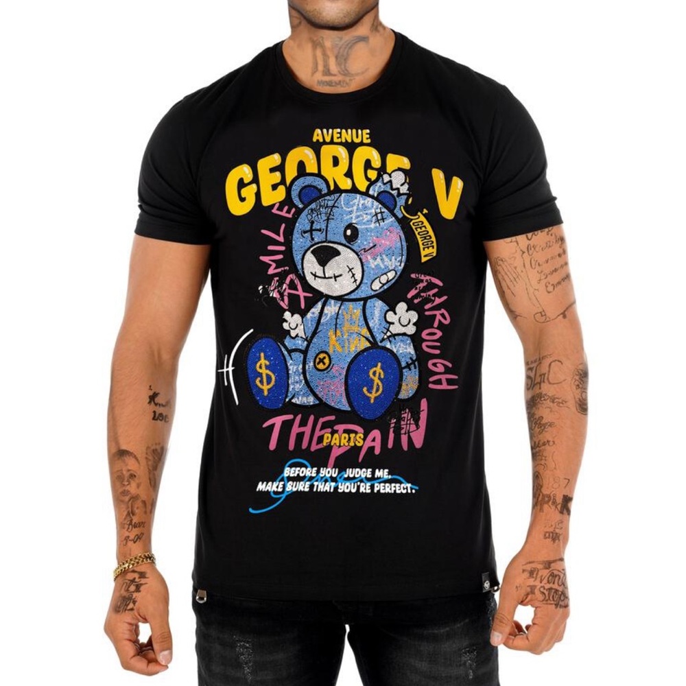 George V Black Graphic T-Shirt Men Diamond Rhinestones
